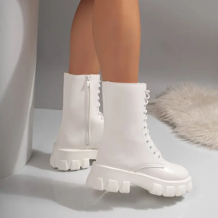 Weiße Plateau-Kampfstiefel für Damen mit Schnürung und seitlichem Reißverschluss, modische Stiefel in mittlerer Wadenhöhe – Detail 9