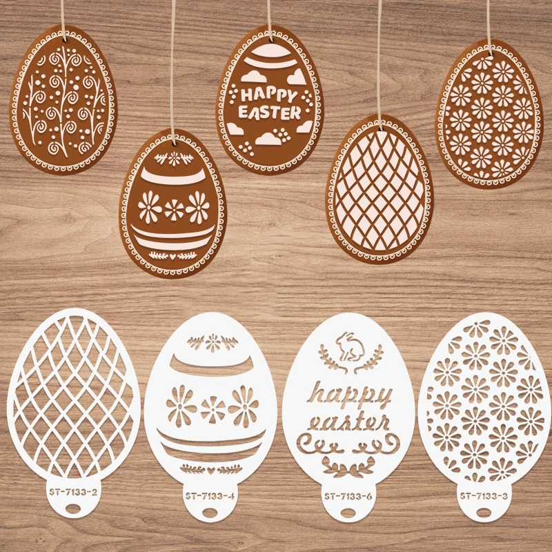 8Pcs Easter Egg Cake Stencil Mold Coffee Spray DIY Cookie Fondant Cupcake Mold Cake Decorating Tools Bakeware Easter Party Decor