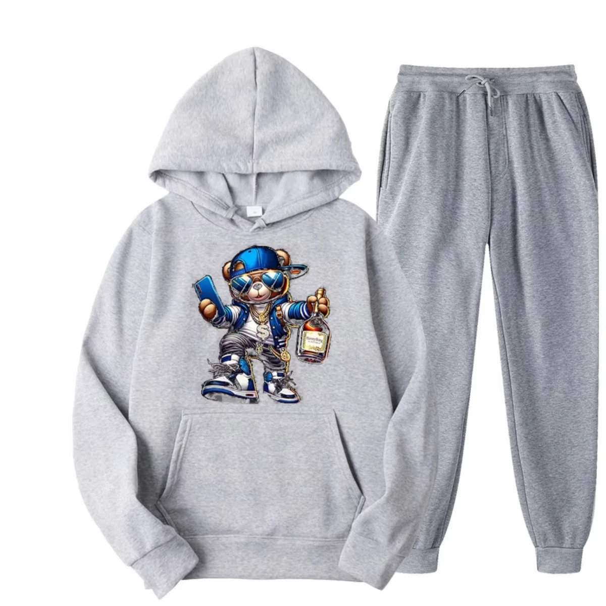 

Мужская новинка 2025 года, хит продаж, модная спортивная толстовка из 100 чистого хлопка, модная повседневная свободная спортивная толстовка с принтом медведя, комплект