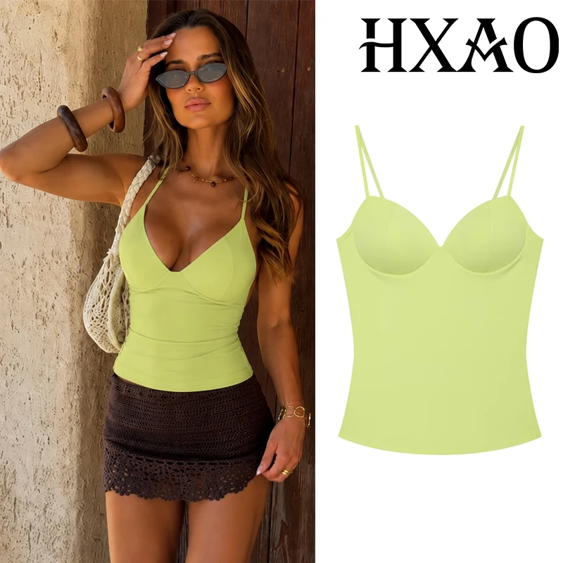 HXAO Women's Corset Camisole Top Summer Female Sleeveless Crop Tank Top With Straps Backless Party Tops Built In Bra Green Top