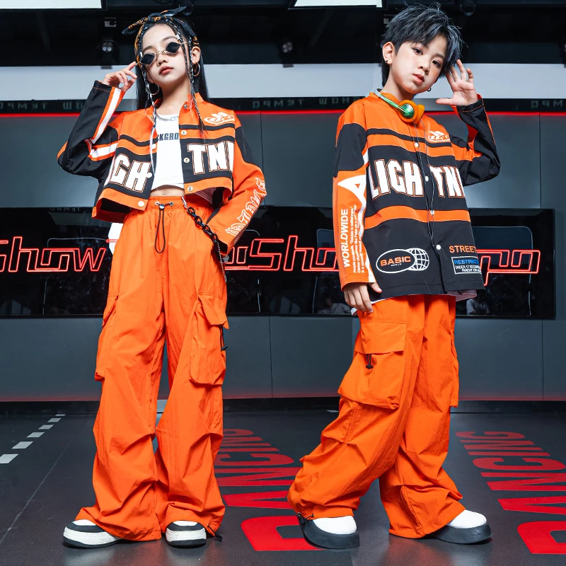 Modern Jazz Dance Clothes Kids Orange Motorcycle Jacket Cargo Pants Girls Hip Hop Costume Boys Performance Suit Stage Wear 12031