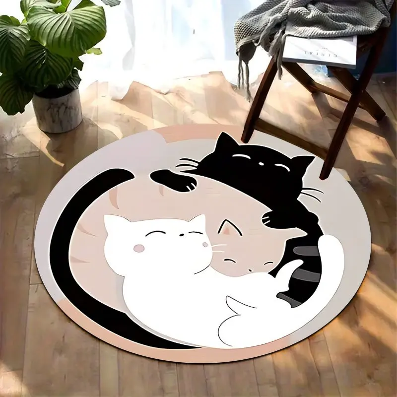 pattern of Yin-Yang cats Flannel-printed round floor mats are slip-resistant Suitable living room bedroom terrace garden carpets