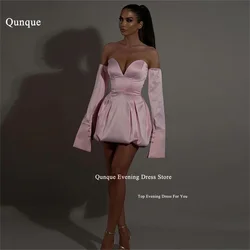 Qunque Customized Short Party Dress Pink Satin Pleats Vestidos De Fiesta for Women Removable Sleeves Cocktail Homecoming Dresses