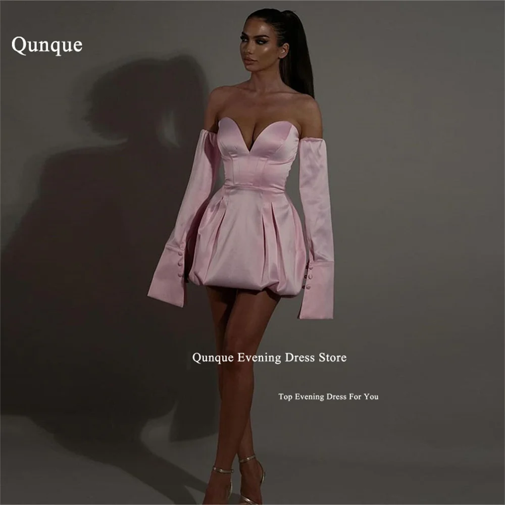 Qunque Modern Short Party Dresses Pink Satin Pleats Vestidos De Fiesta for Women Removable Sleeves Cocktail Homecoming Dresses