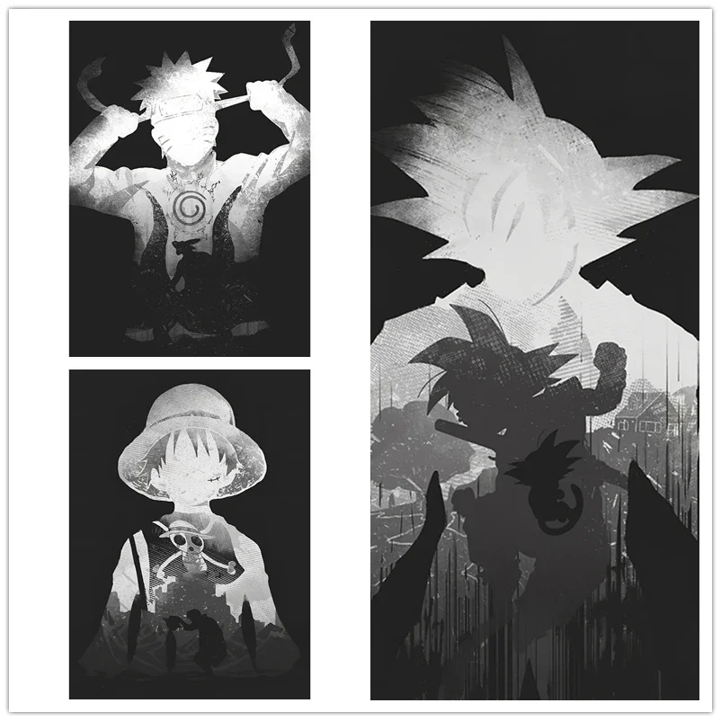 Leinwandgemälde Anime NARUTO Dragon Ball und One Piece Schwarz-Weiß-Silhouette Wandkunst Poster Drucke für Teenagerzimmerdekoration