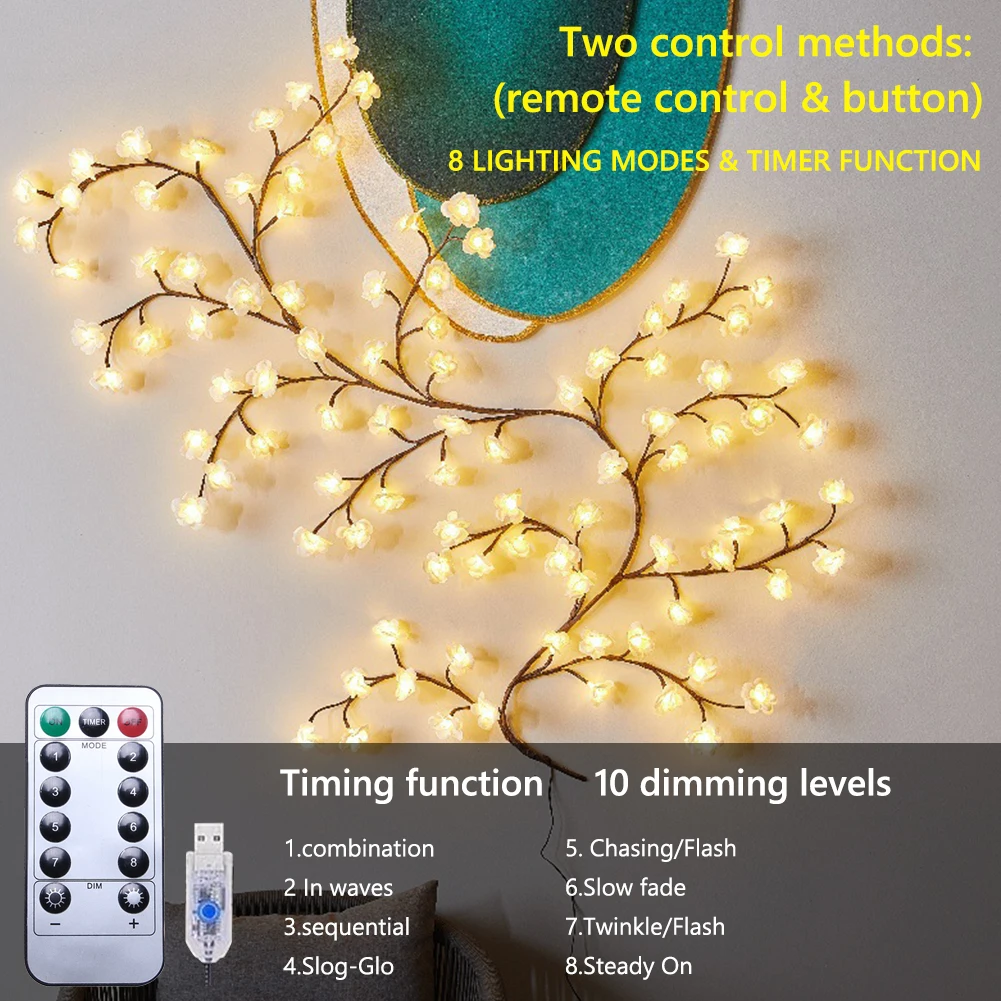 48/72/96/144LED Blossom Plum Lamp USB Charging Blossom Plum Night Light Remote Control for Christmas Party Wall Decoration