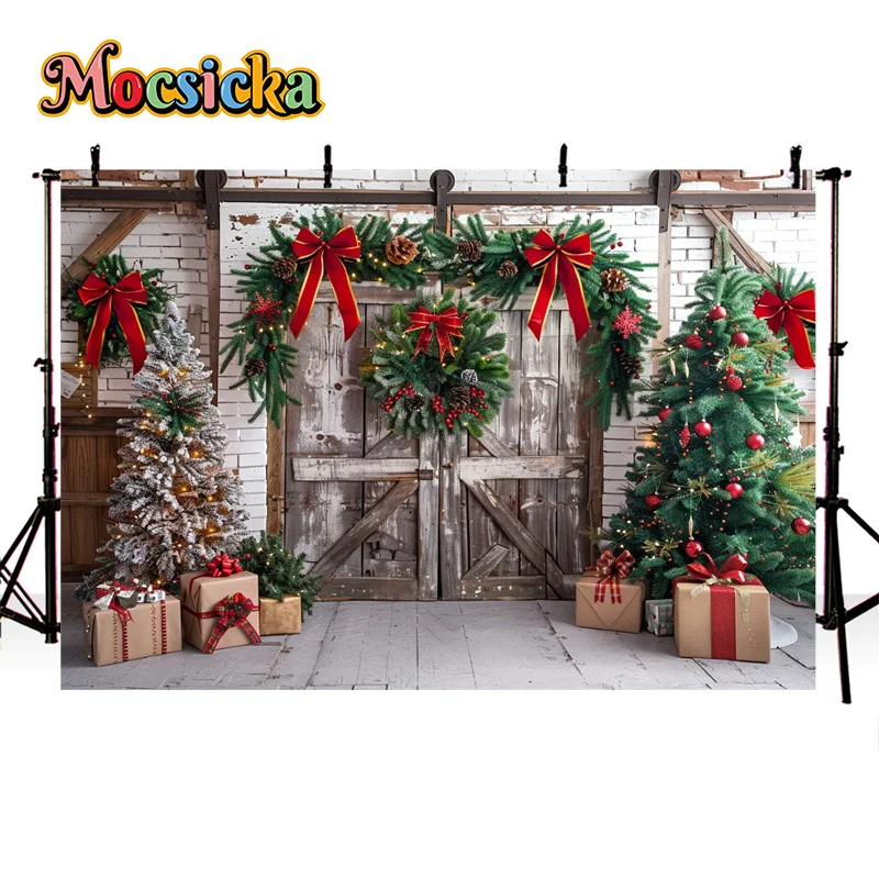 Mocsicka Winter Photography Background Christmas New Year Party Xmas Wreath Socks Red Closet Backdrop Kid Portrait Photo Banner
