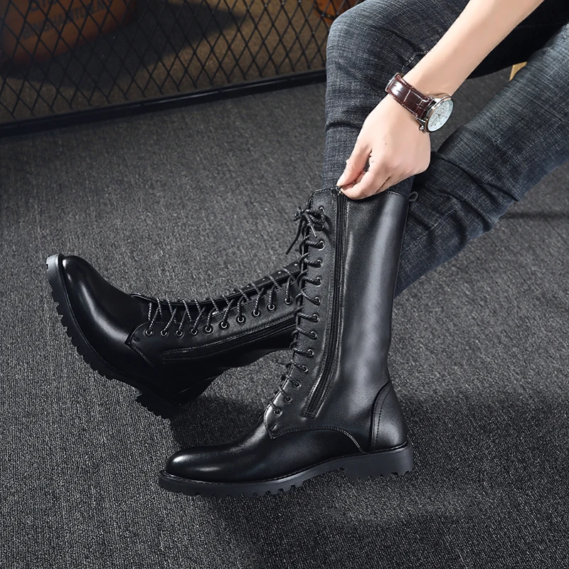 

Мужские повседневные высокие мотоциклетные ботинки в британском стиле для сцены, черные модные туфли из натуральной кожи, ковбойские длинные ботинки, рыцарские ботинки