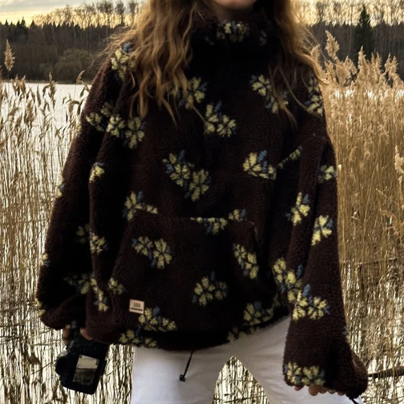 TARUXY Fleece Flowers Sweatshirt Women's Fashion Zipper Loose Long Sleeves Keep Warm Leisure Commuting Pullover Autumn 2025 New