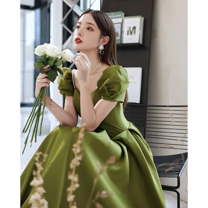 N10168 Lady Green Short Puff Sleeves Satin Evening Dresses Pearls Backless Wedding Party Dress Long Prom Robe Women