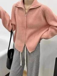 Women's Fine Merino Wool Knitting Sweater Turtleneck Thickening Cardigan Autumn/Winter Loose Tops Cashmere Double Zipper Jacket