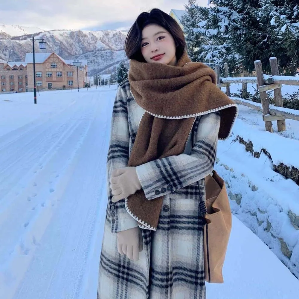 

Large Polyester Lock Edge Winter Scarf Soft Classic Long Thickened Neckscarf French Style Cold-proof Women Warmer Scarf Autumn