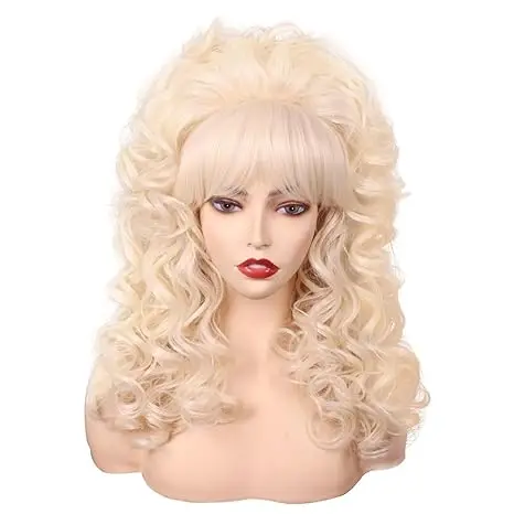 80s Long Curly Vintage Cosplay Wig with Bang for Women 60 70s Queen Synthetic Hair Wigs for Halloween Party