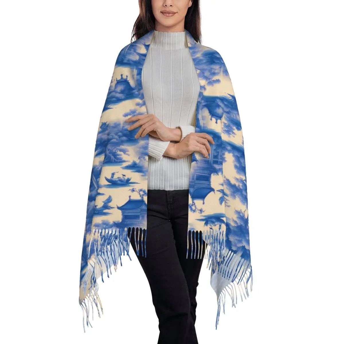 Traditional Style Blue And White Chinoiserie Toile Scarf Tassel Scarves for Women Soft Warm Shawls Wraps Fall Winter Shawl Wrap