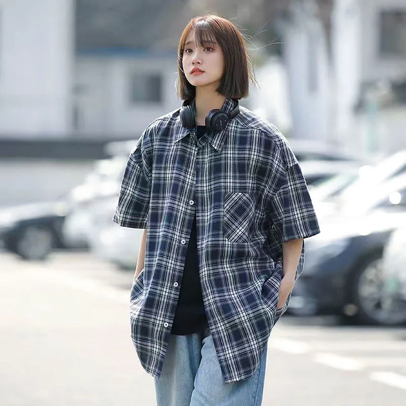 Vintage Plaid Short Sleeve Shirts Women Harajuku Loose Oversize Unisex Trendy Blouses Summer All-match Streetwear Check Shirt