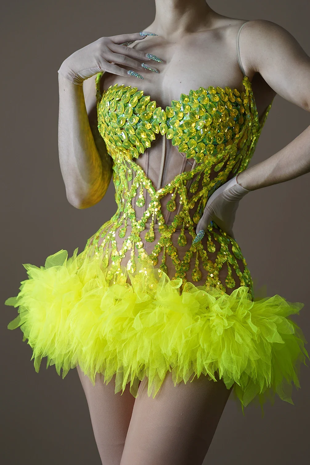 Fluorescerende Gele Mesh Tube Top Avondjurk Zangeres Drag Queen Clubfeest Verjaardag Speciale Ocadie Sexy Kostuum Club Outfit