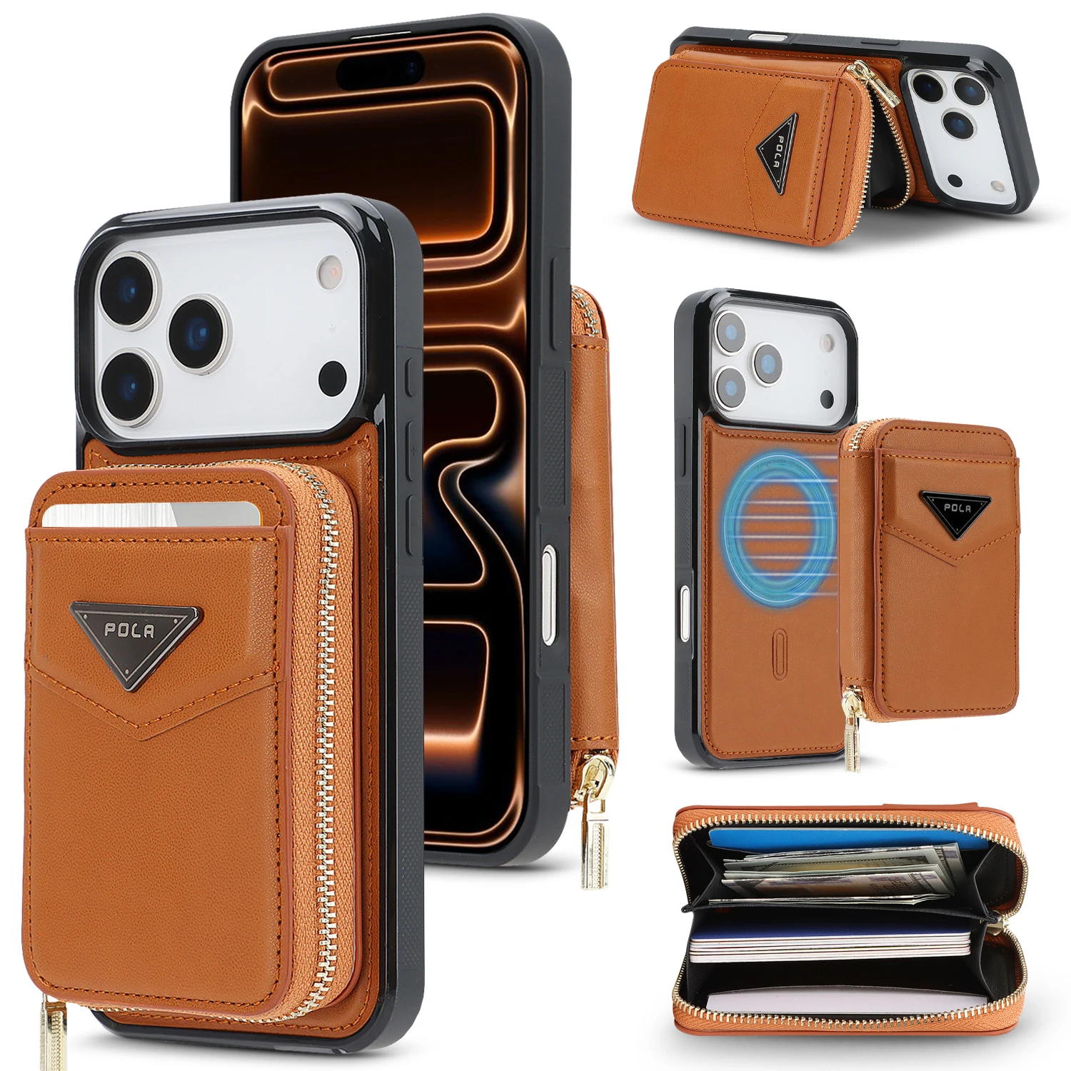 

Phone case for Apple iPhone 17/17 Pro/17 Pro Max, with zipper card holder, wireless charging, stand, drop and scratch resistant