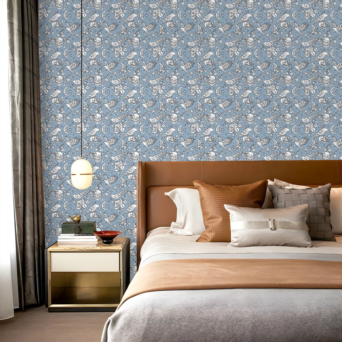 

Peel and Stick Birds Sugar Skull Wallpaper for Bedroom Office Blue/White Removable Wall Halloween Decorations Bones Wall Mural