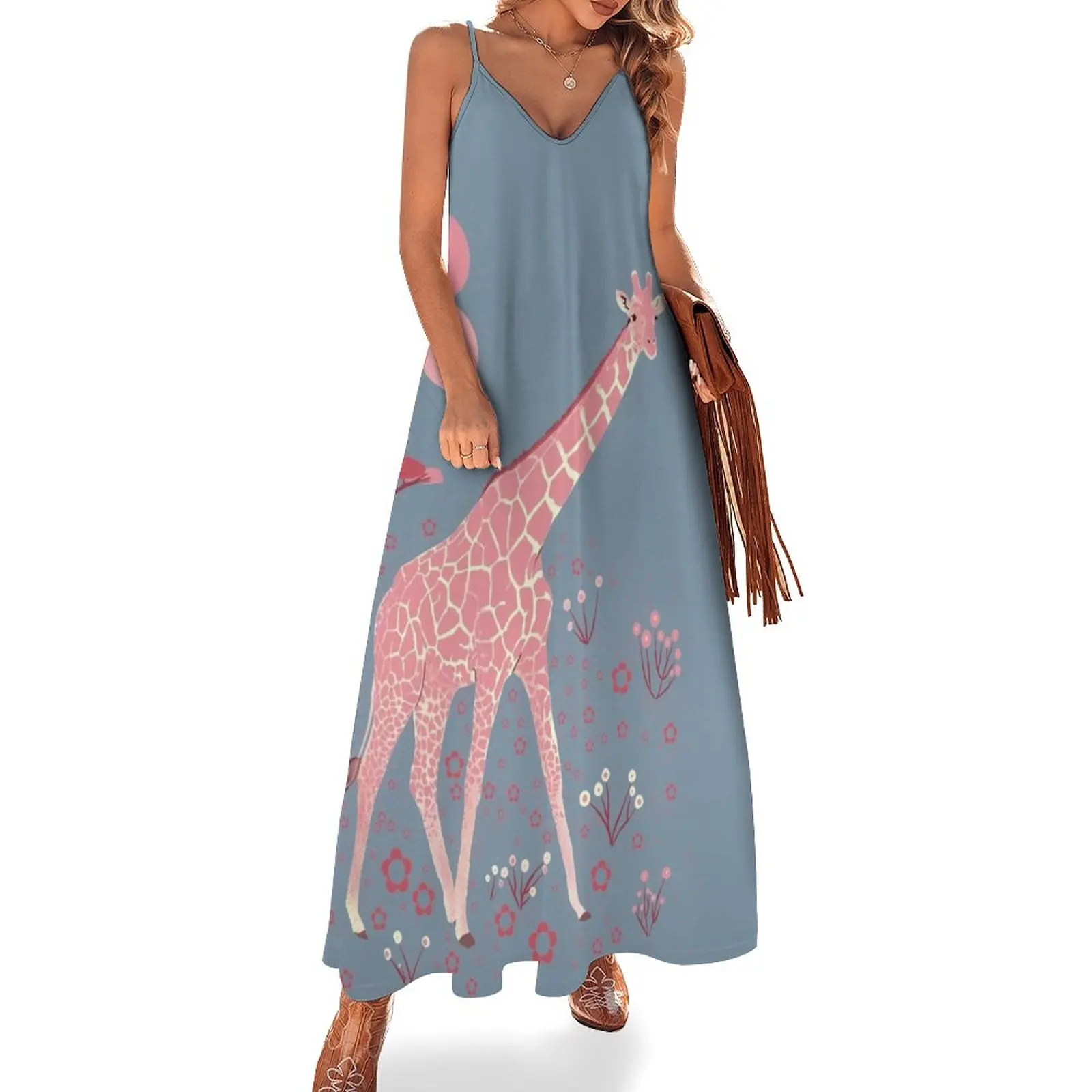 

Pink giraffe Sleeveless Dress Women's clothing Women long dress Women's dress