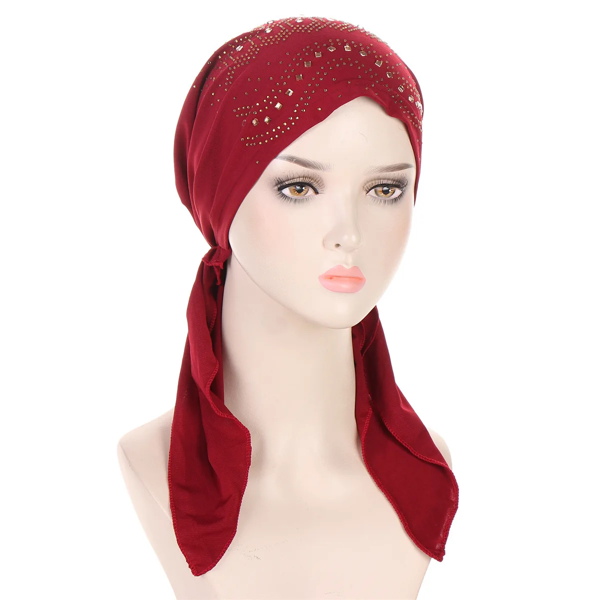 Muslim Fashion Diamond Hijab Turban Hats Long Tail Head Wraps Elastic Hats Breathable Chemo Cap For Women Girls