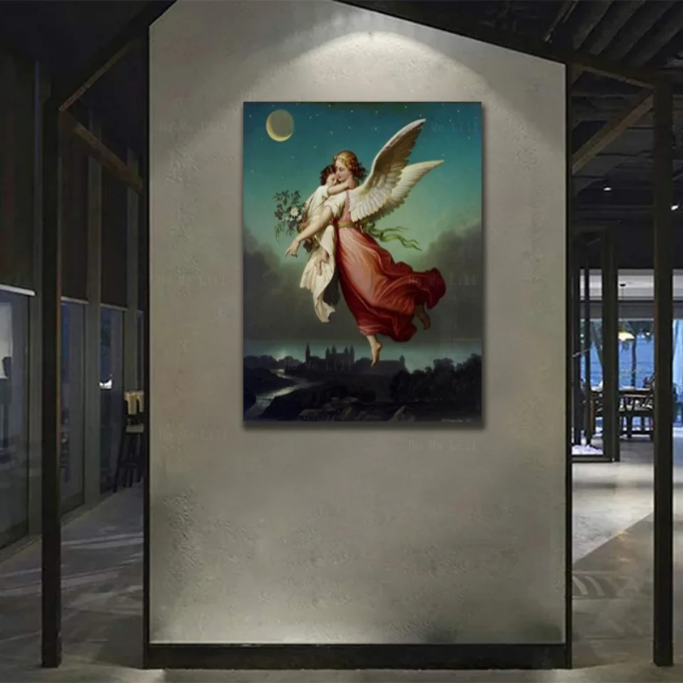 An Angel Girl Carrying A Small Child Takes Off Into The Night Sky Room Wall Is Decorated With Art By Ho Me Lili