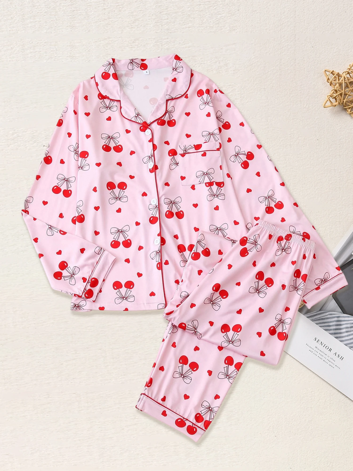 

Women s Cozy Two Piece Pajama Set with Adorable Heart Print Long Sleeve Top and Matching Pants for Relaxing at Home