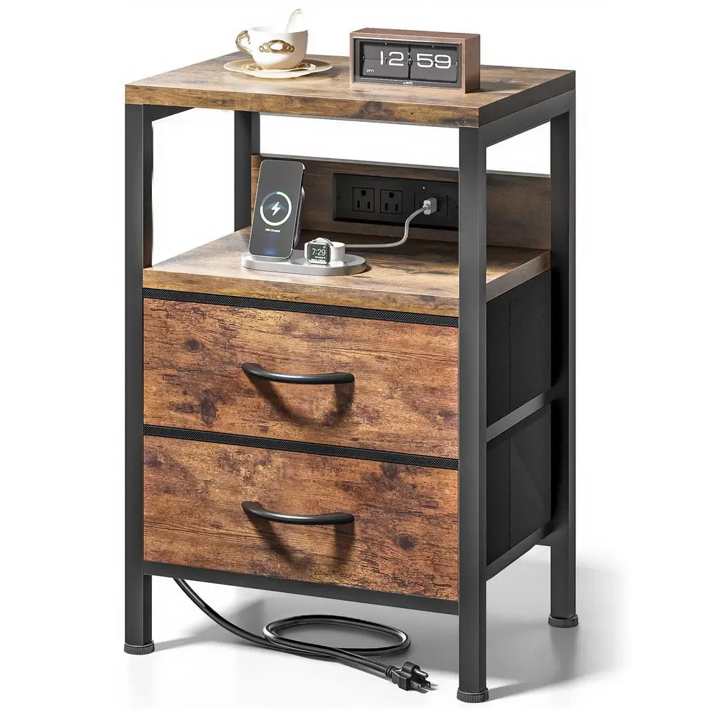 

Прикроватная тумбочка для спальни коричневого цвета с зарядной станцией, современный прикроватный столик с открытой полкой и 2 тканевыми ящиками
