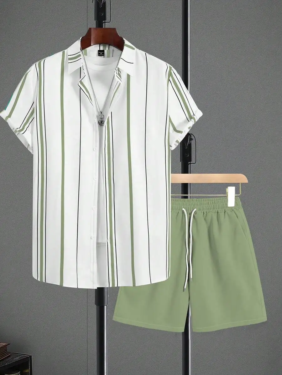 Manfinity Homme 2pcs/Set Men Striped Short Sleeve Single-Breasted Shirt & Shorts Sets For Men Summer, Cozy Outfits - view 3