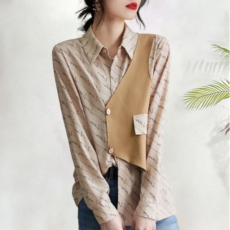 Commute Stylish Patchwork Asymmetrical Blouse Women\'s Clothing Casual Letter Printed 2023 Spring Autumn Korean Long Sleeve Shirt