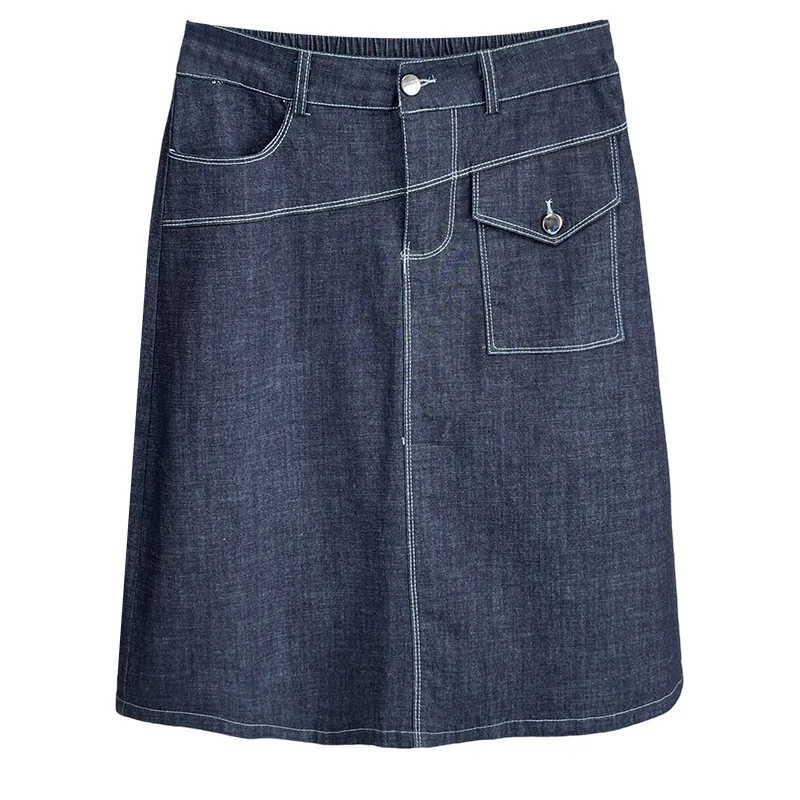 

Летняя модная джинсовая юбка трапециевидной формы, большие размеры, женская 100 кг, повседневная асимметричная юбка средней длины с одним карманом спереди 359