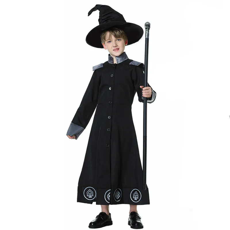 Gothic Boys Black Wizard Cosplay Kids Children Halloween Magician Robe Costumes Carnival Purim Parade Stage Showing Party Dress