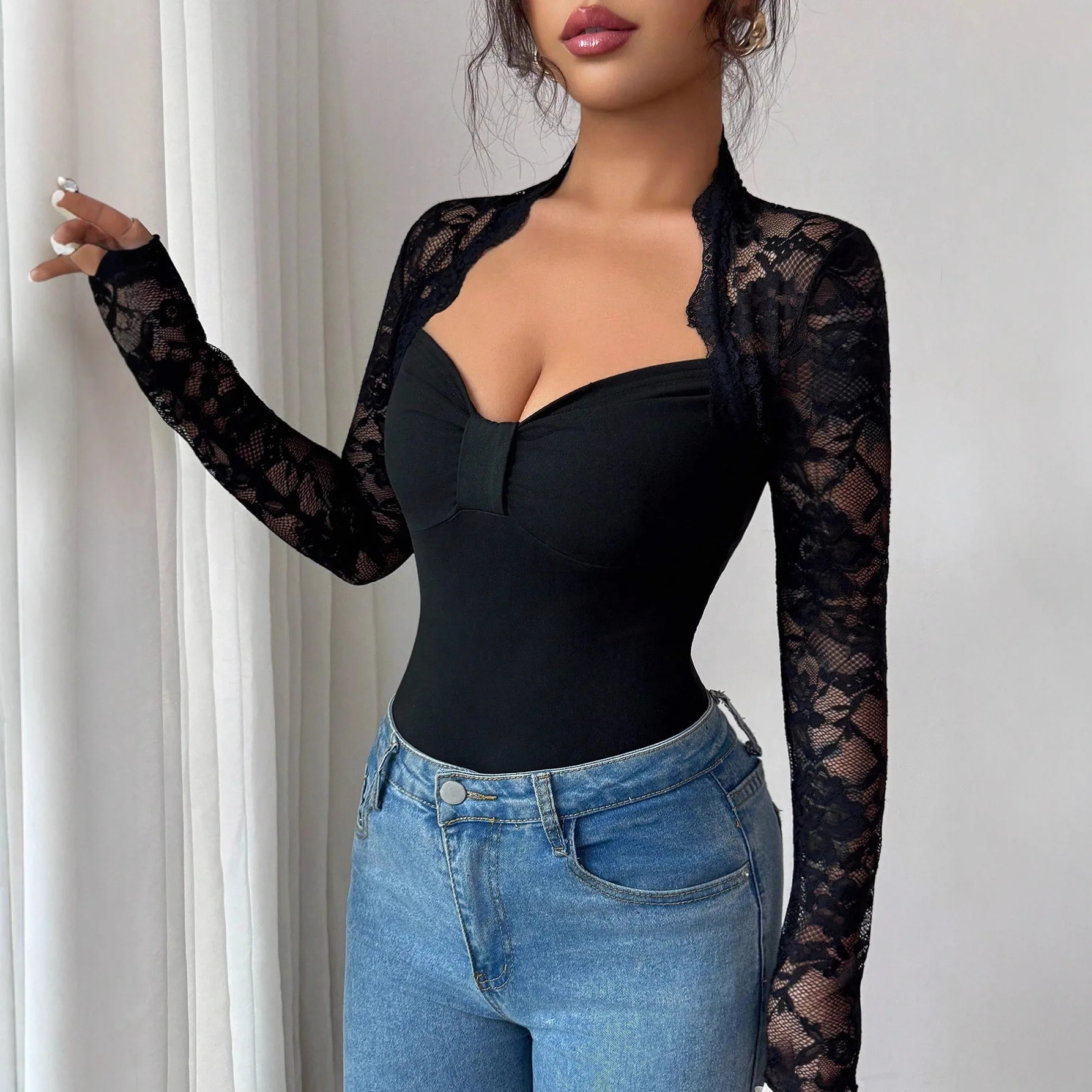 

2026 Spring New Lace Splicing Knitted Long Sleeve Slimming T-shirt Top for Women