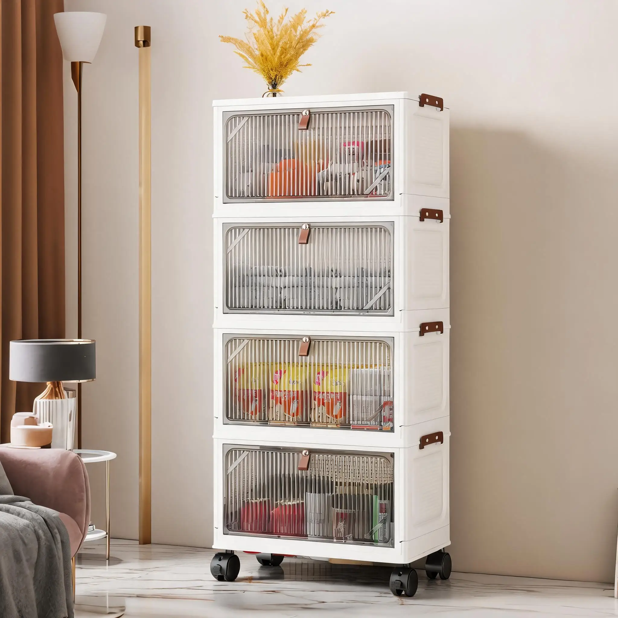 5-Tier Foldable Stackable Storage Bins With Wheels & Flip-Down Doors, Large Capacity PP Plastic Storage For Home RV Camping