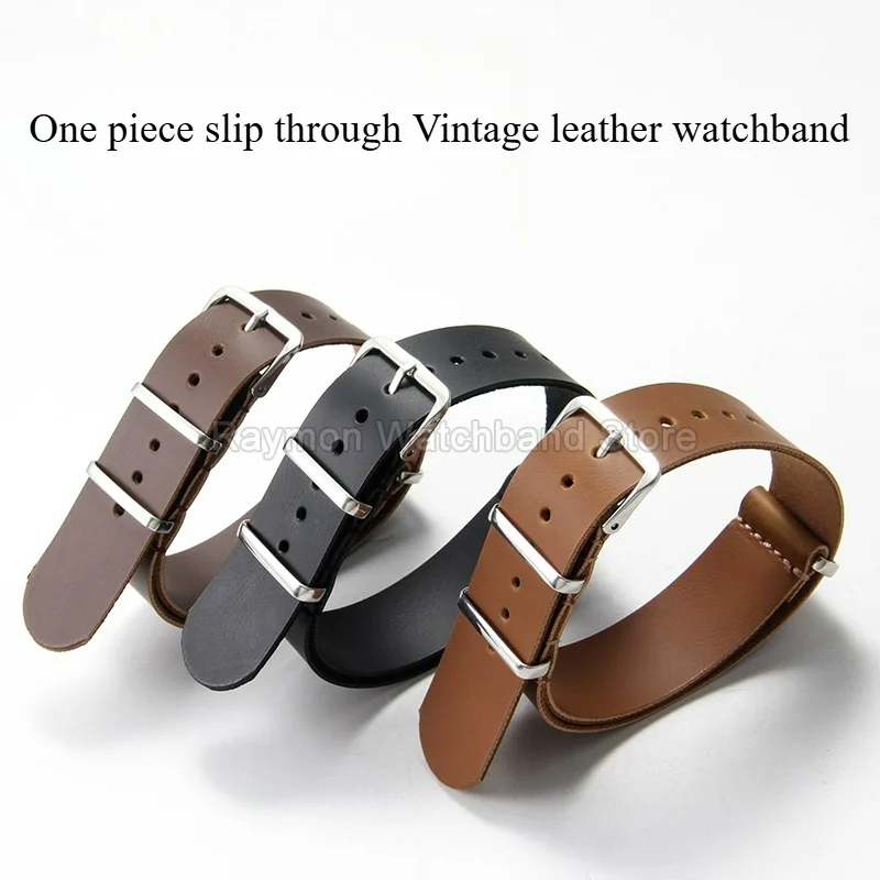 One Piece Slip Through Watch Bracelet Vintage Leather Grain Texture Lightweight for IWC Breitling Tudor Mido HUAWEI SAMSUNG Band