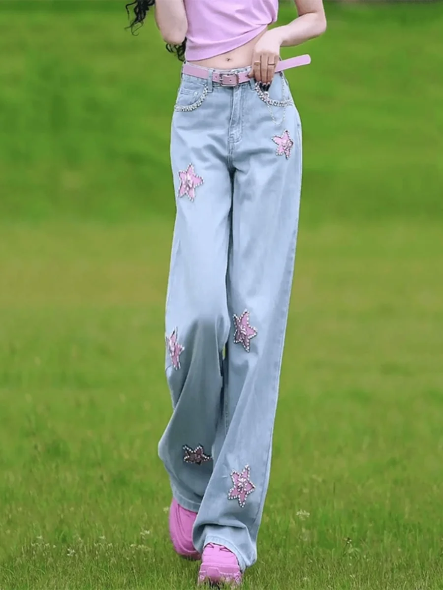 

Glittering Diamond Embellied High Waist Wide Leg Jeans Women's Summer New Loose Thin Design Sense Heavy Work Star Jeans