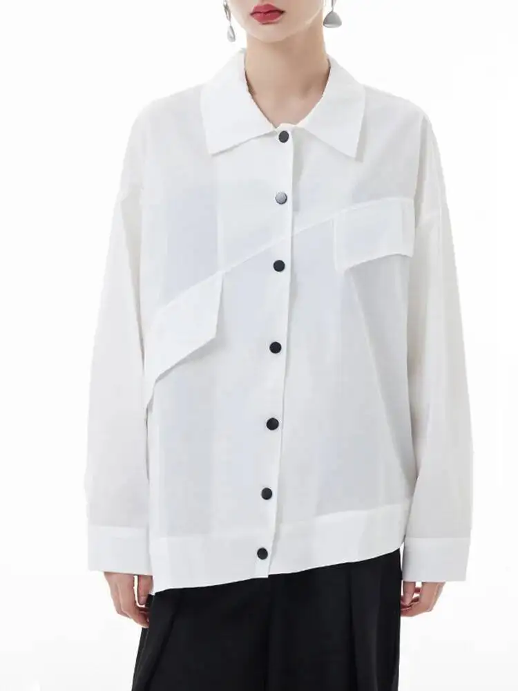 

Women Blue Big Size Irregular Casual Blouse New Lapel Long Sleeve Loose Fit Shirt Fashion Tide Spring Autumn