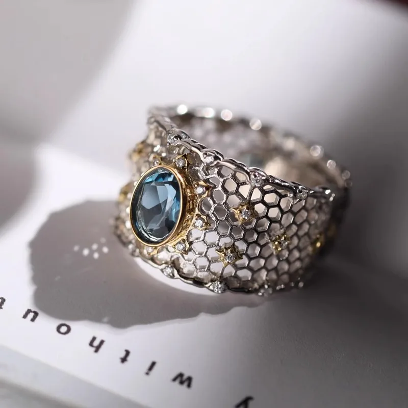 

925 Sterling Silve Topaz Ring for Women Gift Lace Hollowing Out Wide Versatile Grace Vintage Jewelry Dropshipping
