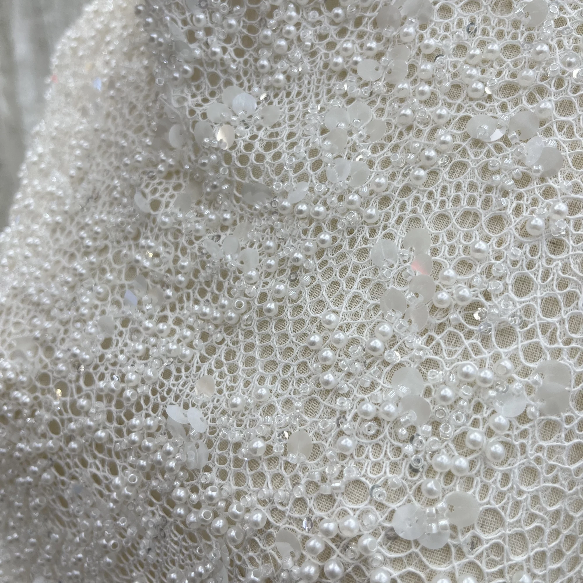 Luxury Sequins Beads Pearls Embroidery Lace Fabrics Wedding Dresses Fabric Designs