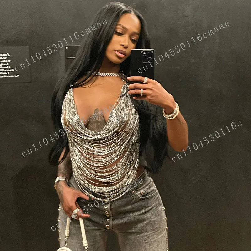 Новый дизайн 2024, летняя женская одежда, клубная одежда, горячие сексуальные женские топы на бретелях с цепочками