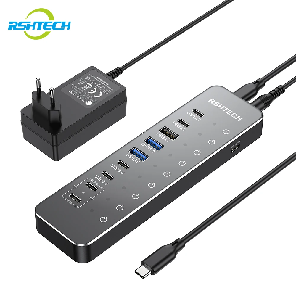 

RSHTECH 10-в-1 USB C Hub Splitter 10 Гбит/с USB 3.2 Порт данных PD100W Алюминиевый многопортовый USB-адаптер для MacBook Pro Air PC