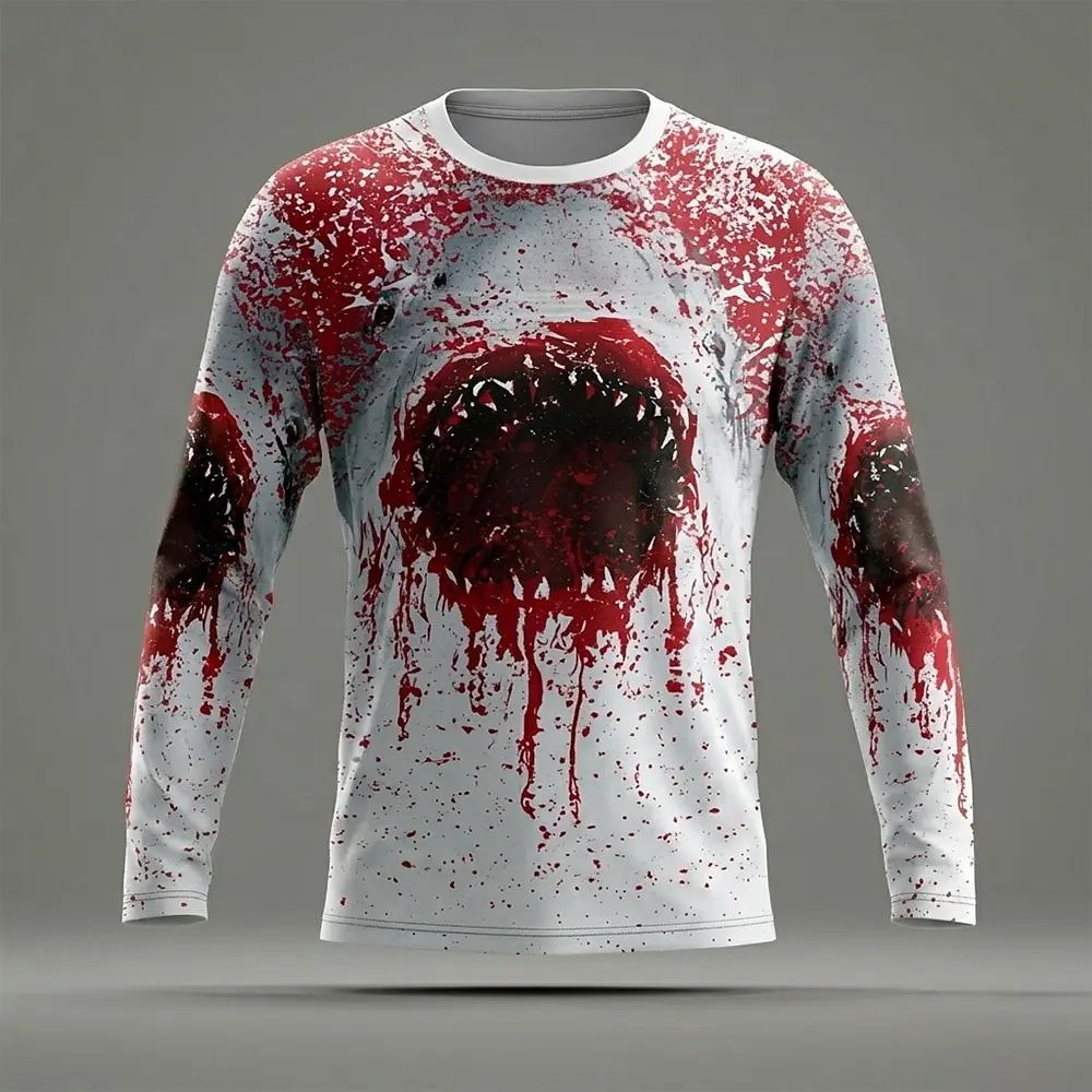 Halloween Men's Shark Blood stains T Shirt Long Sleeve T shirt 3D Print Crew Neck Shirt Halloween Terror Men's T-shirts clothing