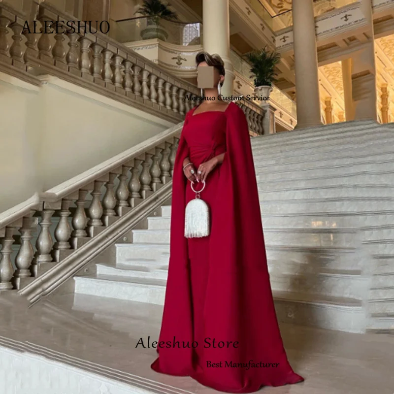 Exquisite Red Evening Dresses Charming Satin Saudi Arabric Prom Dresses Square Collar Long Sleeve Floor Length 2025 Customized