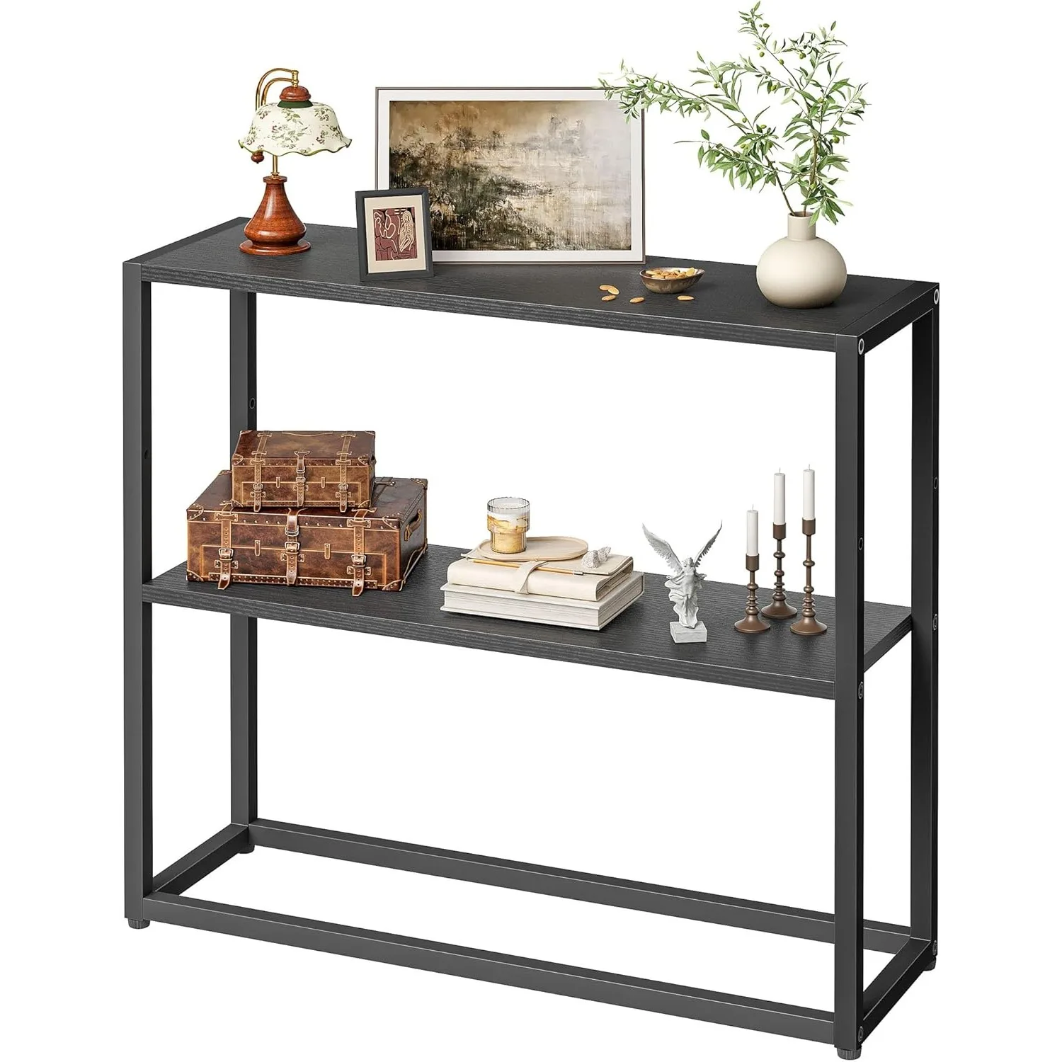 

Small entrance table, 29.5-inch narrow console table with shelves, black