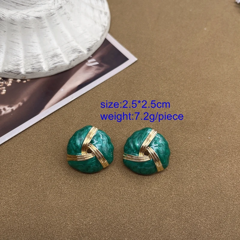 Green Enamel Rectangle Round Flower Drip Oil Studs For Women Girls Jewelry Gift Party Earrings
