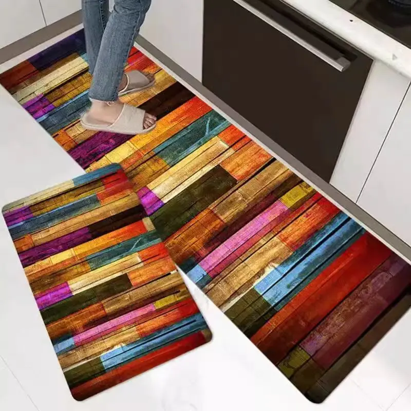 New Rainbow Wood Paneled Kitchen Floor Mats, Laundry Room Non-Slip Area Rugs for Bathroom, Entry Door, Home Decor Carpet