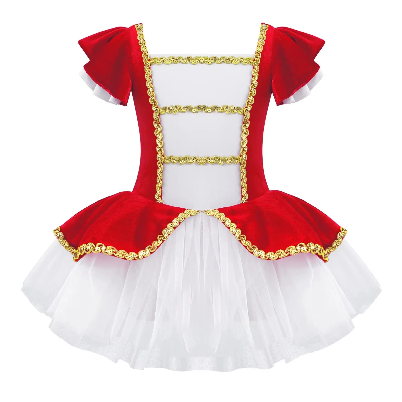 Kids Girls Circus Ringmaster Costume Gymnastics Artistic Skating Dress Short Sleeve Dance Jumpsuit with Sequins Adorned Mesh Hem