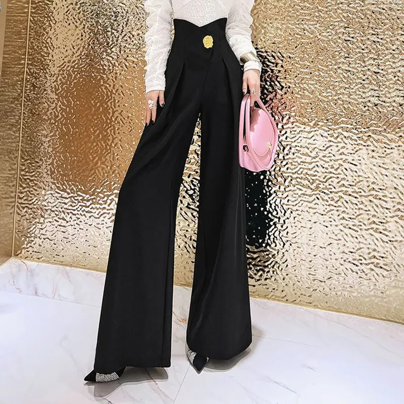 Stylish Spring Autumn High Waist Pants Folds Female Clothing Three-dimensional Decoration Basic Spliced Wide Leg Waist Trousers