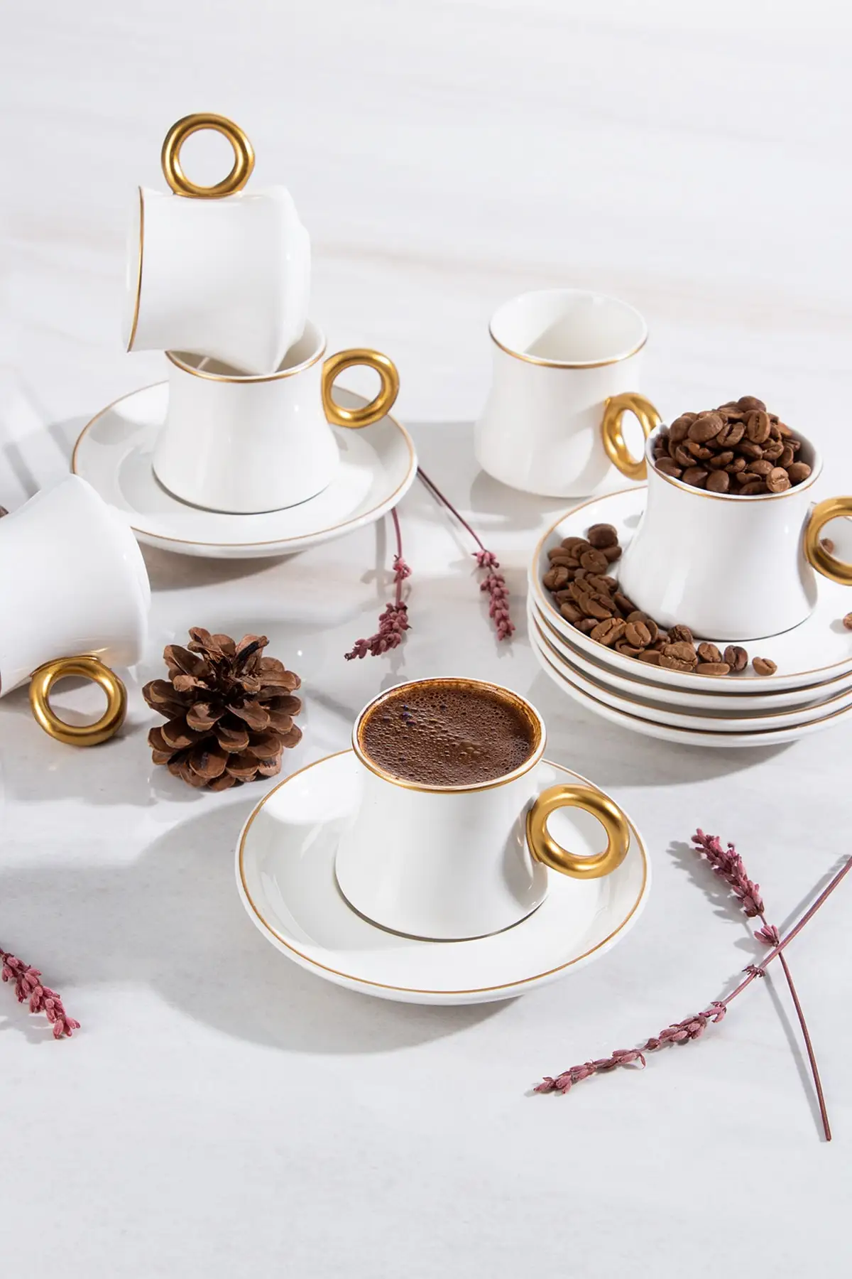 

Set of 6 White Gold Porcelain Turkish Coffee Cups 12 Pieces (Cups and Coasters) Stylish Elegant Kitchen Set Gift