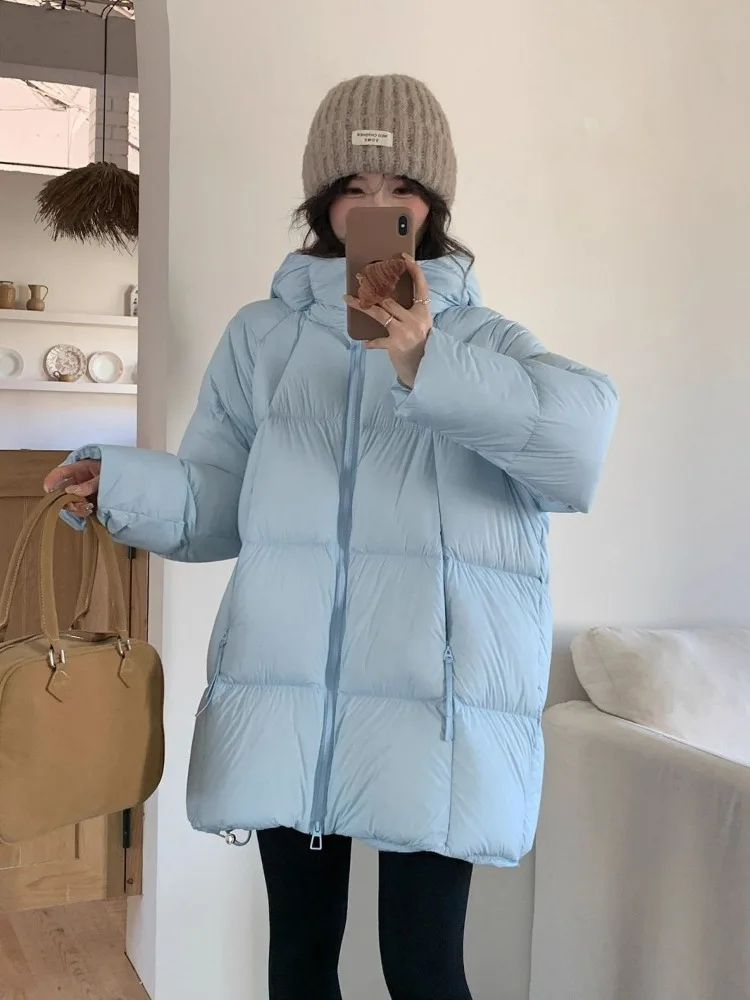 Neuer Winter-Daunenparka für Damen Weiße Entendaunen Kapuzenjacke Warme Winddichte Oberbekleidung Gesteppter Langarm-Mantel