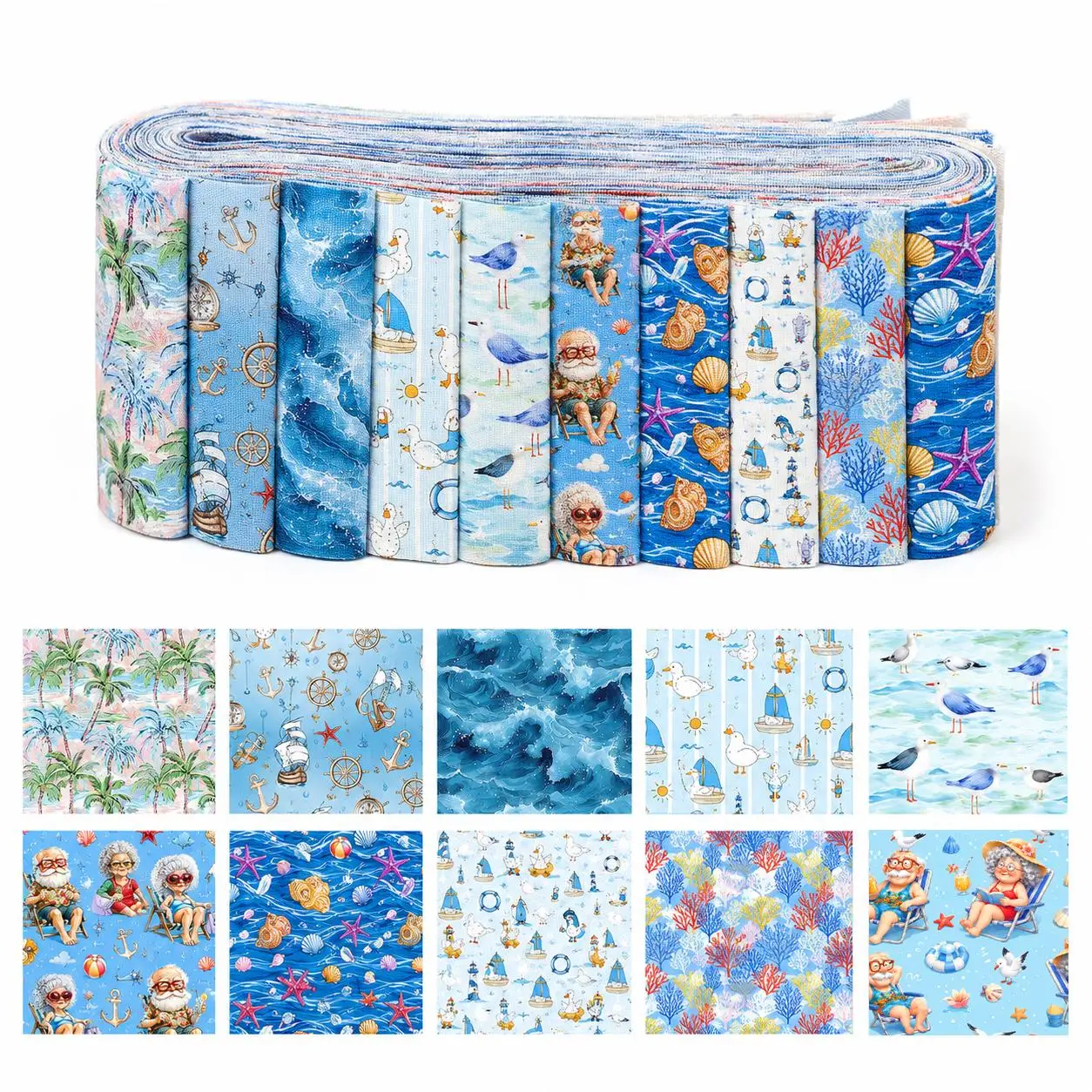 10pcs Vintage Beach Jelly Roll Fabric Strips 2.5X19.7inch Pre-cut 100% Polyester for Patchwork Quilts, Table Runners, Placemats,